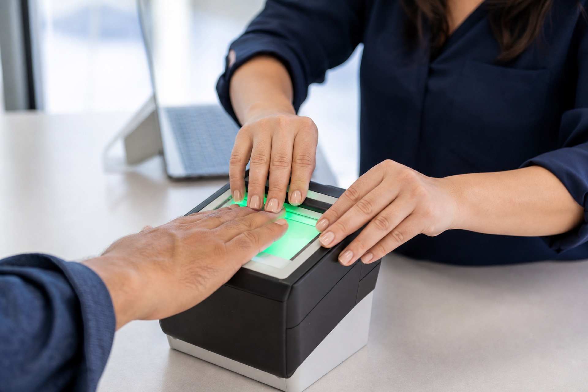 A fingertip being scanned on an electronic fingerprint reader