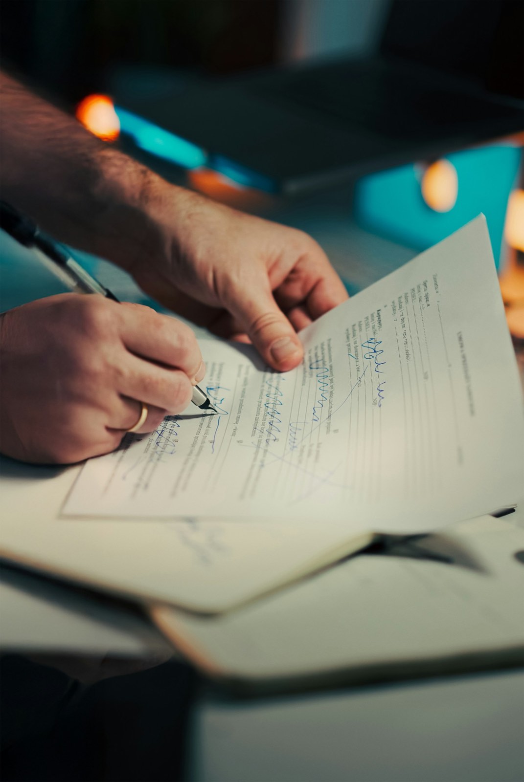 Close-up of a person signing a document with a pen at a desk