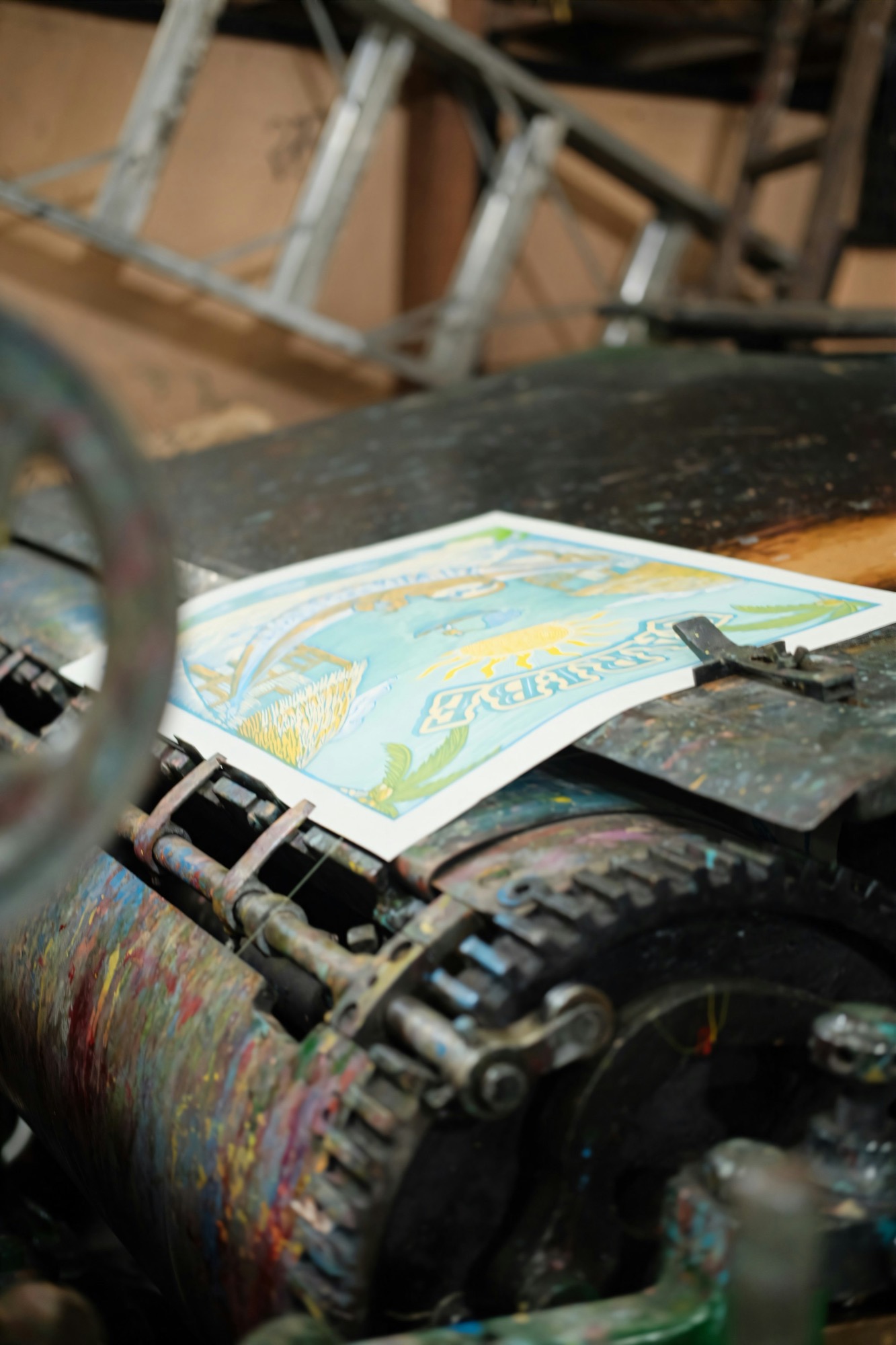A freshly printed sheet of color test bars on a printing press